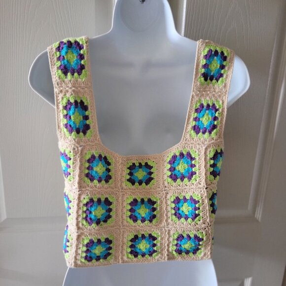 Zara Crochet Granny Square Vest Knit Top Sleeveless Boho Style -S - Picture 3 of 9